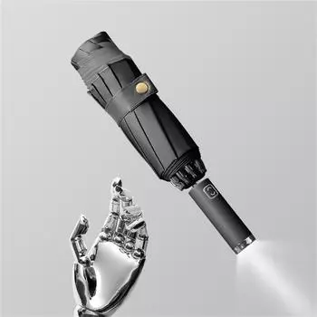 Автоматический зонт с обратным складыванием, ветрозащитный зонт со светоотражающими полосами и светодиодной подсветкой чёрный