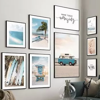 Автомобиль Чайка Шале Кокосовая пальма Пляж Пейзаж Плакаты Печать Холст Картина Скандинавское настенное искусство Картина Гостиная Домашний декор 21X30cm No Frame