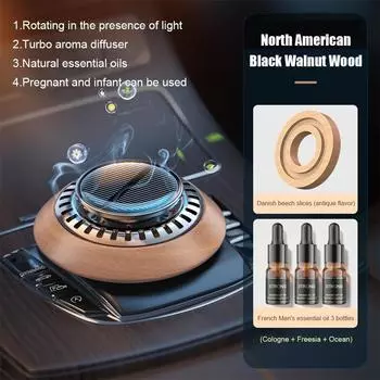 Автомобильная ароматерапия из цельного дерева, солнечная ароматерапия, вращающаяся со светом, автомобильный парфюм, освежитель воздуха из дерева, автомобильные аксессуары