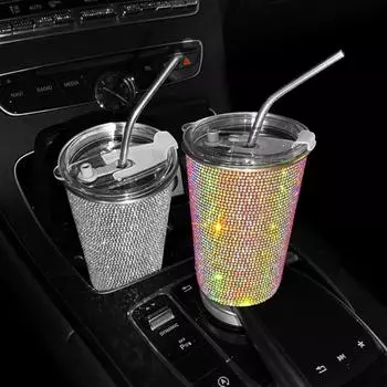 Автомобильная чашка для воды из нержавеющей стали Bling Diamond 550 мл, женская чашка для напитков и кофе, аксессуары для салона автомобиля, домашнего офиса шампанского