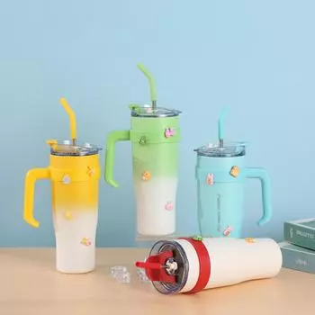 Автомобильная чашка с ручкой 40 унций, нержавеющая сталь, большая емкость, соломенная чашка с вакуумной изоляцией, автомобильная чашка для мороженого, бутылка для воды 12.5L белый