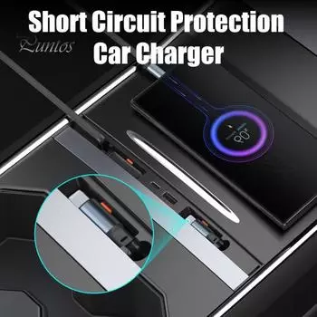 Автомобильная док-станция с 4 интерфейсами быстрой зарядки, выдвижной кабель, 27 Вт, автомобильное быстрое зарядное устройство, водонепроницаемый USB-концентратор для Tesla Model 3/Y A чёрный