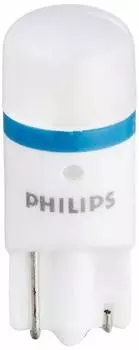 Автомобильная лампочка Philips светодиодная габаритная лампа T10 6500K 50lm 12V Extreme Ultinon совместима с техосмотром транспортного средства 3 года гарантии 2 шт. PHILIPS