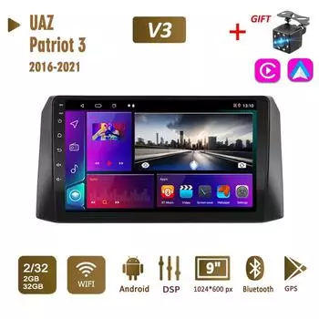 Автомобильная магнитола 2Din на базе Android для УАЗ Патриот 3 2016-2021, мультимедиа Carplay, авто, Wi-Fi, головное устройство, стереонавигация, 2 + 32 ГБ 1+16GB