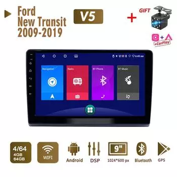 Автомобильная магнитола на базе Android, стерео для Ford New Transit 2009-2019, 2 Din, мультимедийная навигация Carplay, авторадио, GPS, WIFI, головное устройство, 4 + 64 ГБ 1+16GB