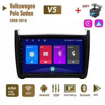 Автомобильная магнитола на базе Android, стерео для Volkswagen Polo Sedan 2008-2018, 2 Din, мультимедийная навигация Carplay, авторадио, GPS, WIFI, головное устройство, 4 + 64 ГБ 1+16GB
