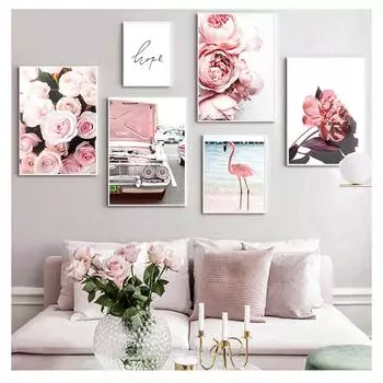 Автомобильная настенная живопись на холсте, плакаты на скандинавскую тему и принты, настенные панно для декора гостиной, розовая роза, фламинго, цветок, винтажный 21cm30cm NoFrame