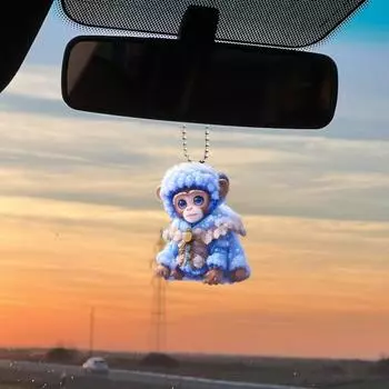 Автомобильная подвеска с шнурком, легко подвешивается, забавная 2D синяя обезьянка, подвесное украшение для зеркала заднего вида Monkey