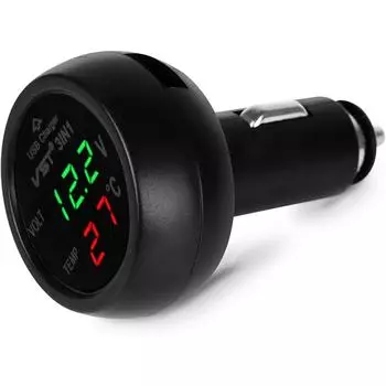 Автомобильная розетка прикуривателя Автомобильный вольтметр 3-в-1 12-24 В Вольтметр Термометр USB Автомобильное зарядное устройство для автомобиля Грузовик 7.5*4.8*4.8cm зелёный/красный