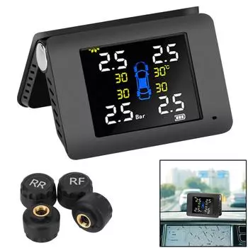 Автомобильная система контроля давления в шинах TPMS на солнечной энергии с 4 внешними или встроенными датчиками. Светодиодный дисплей. Предупреждение о температуре. Экономия топлива.