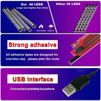 Автомобильная светодиодная лента, 4 шт. 36 светодиодов постоянного тока 12 В, многоцветная музыкальная автомобильная USB-подсветка салона, светодиодная под приборной панелью USB