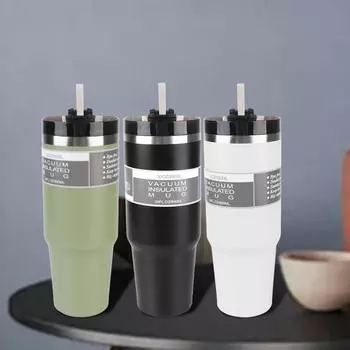 Автомобильная термос-кружка из нержавеющей стали, герметичная термокружка для путешествий, двухслойная чашка с бесплатной соломинкой, изолированная чашка для холодного кофе, 890 мл, кофейная кружка на 30 унций чёрный