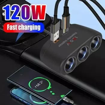 Автомобильная зарядка PD+USB мощностью 120 Вт с тремя отверстиями для прикуривателя PD QC3.0, быстрая зарядка 12–24 В, автомобильный прикуриватель от одного до трех прикуривателей