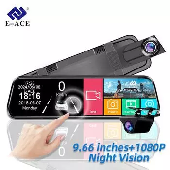 Автомобильная зеркальная камера E-ACE с диагональю 9,66 дюйма представляет собой видеорегистратор с разрешением 1080P, оснащенный двумя объективами спереди и сзади, который выполняет функции видеорегистратора и черного ящика заднего вида. No TF Card