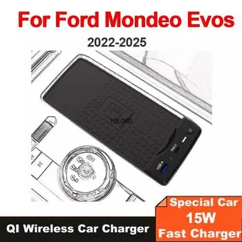 Автомобильное беспроводное зарядное устройство для Ford Mondeo Evos 2022-2025, зарядное устройство, держатель мобильного телефона, консоль для быстрой зарядки, аксессуары для интерьера чёрный