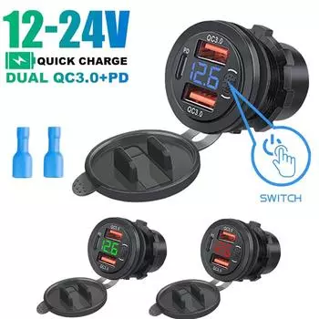 Автомобильное бортовое зарядное устройство с двумя портами USB для быстрой зарядки 3.0 и разъемом PD с цифровым вольтметром, кнопочным переключателем для автомобиля, лодки, грузовика, автофургона