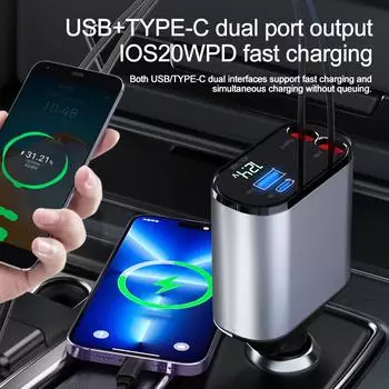 Автомобильное быстрое зарядное устройство PD+USB Type C с 2 выдвижными кабелями Автомобильное зарядное устройство для телефона Вольтметр 4 в 1 Адаптер питания для iPhone Xiao mi чёрный