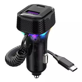 Автомобильное быстрое зарядное устройство с пружинной проволокой, атмосферный свет, прикуриватель, преобразователь PD 30 Вт, 3 выхода 12 В-24 В для камеры мобильного телефона