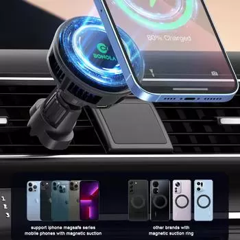 Автомобильное магнитное беспроводное зарядное устройство, охлаждающее крепление для Iphone 14 Pro Max/samsung/huawei Quick Phone, беспроводные зарядные устройства, автомобильный держатель Q6 чёрный