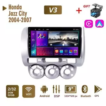 Автомобильное радио 2Din Android для Honda Jazz City 2004-2007, мультимедиа Carplay, авто Wi-Fi, головное устройство, стереонавигация, 2 + 32 ГБ 1+16GB
