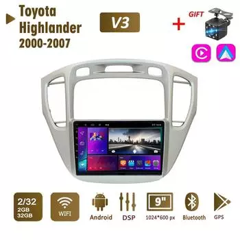 Автомобильное радио 2Din Android для Toyota Highlander 2000-2007, мультимедийное головное устройство Carplay, Wi-Fi, стереонавигация, 2 + 32 ГБ 1+16GB