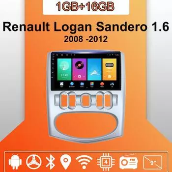 Автомобильное радио Android Auto Carplay для Renault Logan Sandero 1.6 2008 -2012 Мультимедийный проигрыватель Головное устройство Стерео GPS Навигация BT WIFI 1+16 ГБ 1+16GB