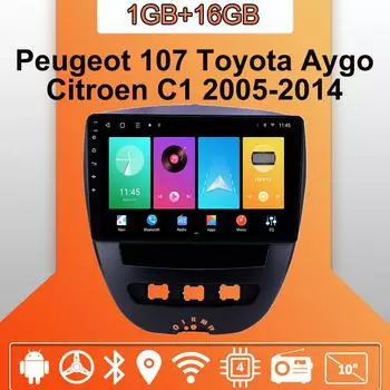 Автомобильное радио Android Auto Carplay для Peugeot 107 Toyota Aygo Citroen C1 2005-2014 Мультимедийный проигрыватель Головное устройство Стерео GPS Навигация BT WIFI 1+16 ГБ 1+16GB