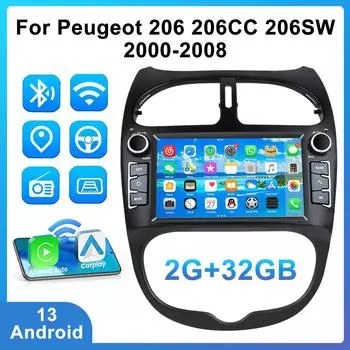 Автомобильное радио Android для Peugeot 206 206CC 206SW 2000-2008 Carplay Мультимедиа 7 Видеоплеер 2Din Стерео Автомагнитола Навигация GPS 4-core 2GB+32GB
