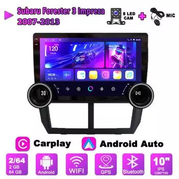 Автомобильное радио Carplay с 2Din Android для Subaru Forester 3 Impreza 2007-2013, GPS-навигация, 10 дюймов, мультимедийный видеоплеер с двойной большой ручкой, 2 + 64 ГБ