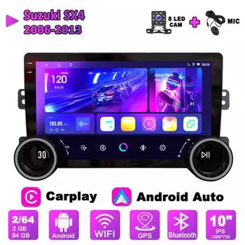 Автомобильное радио Carplay с 2Din Android для Suzuki SX4 2006-2013, GPS-навигация, 10 дюймов, мультимедийный видеоплеер с двойной большой ручкой, 2 + 64 ГБ