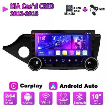 Автомобильное радио Carplay с 2Din Android для KIA Cee d CEED 2012-2018, GPS-навигация, 10 дюймов, двойная большая ручка, мультимедийный видеоплеер, 2 + 64 ГБ