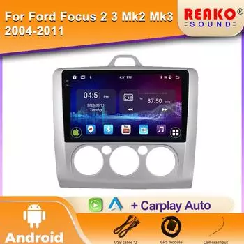 Автомобильное радио для Ford Focus 2 3 Mk2 Mk3 2004-2011 Wireless Carplay Android Auto 4G Автомобильный мультимедийный проигрыватель GPS DSP 2 Din 4 core 1GB+32GB carplay