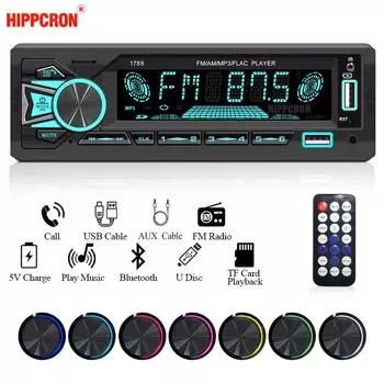Автомобильное радио Hippcron, 1din, стерео Bluetooth, MP3-плеер, FM-приемник, 7 цветов, доступно с дистанционным управлением, AUX/USB/TF-карта в комплект для приборной панели Car Radio Only