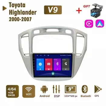 Автомобильное радио на базе Android для Toyota Highlander 2000-2007, 2 Din, мультимедийная навигация Carplay, GPS, WIFI, головное устройство, 4 + 64 ГБ 1+16GB