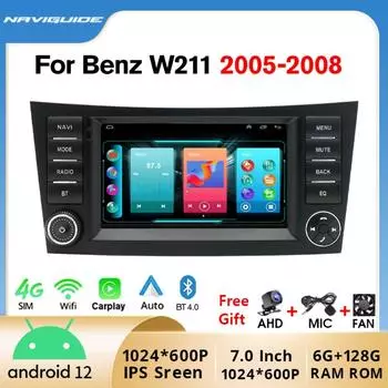 Автомобильное радио с беспроводной системой Carplay Android Auto для Benz W211 2005-2008 7-дюймовый сенсорный экран IPS AHD камера заднего вида красный