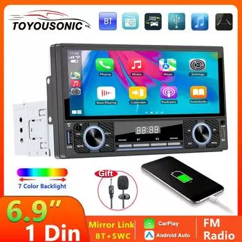 Автомобильное радио TOYOUSONIC 1Din для универсального мультимедийного проигрывателя MP5 с сенсорным экраном HD 6,9 дюйма, поддержка Carplay Mirror Link BT SWC Stereo