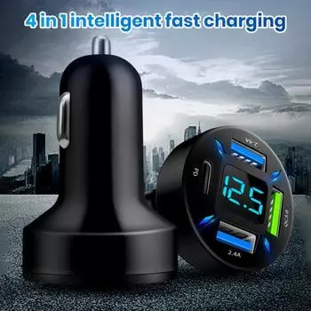 Автомобильное сверхбыстрое зарядное устройство мощностью 66 Вт с 4 портами USB со светодиодным дисплеем и батареей реального времени A