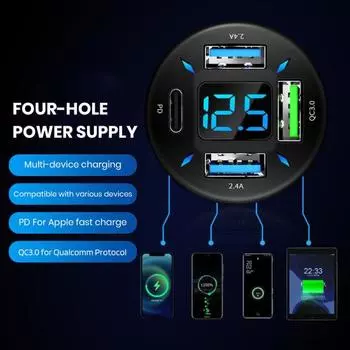 Автомобильное сверхбыстрое зарядное устройство мощностью 66 Вт с 4 портами USB со светодиодным дисплеем. Мониторинг батареи в режиме реального времени. Автомобильное зарядное устройство PD QC3.0 2.4A для телефона и планшета.