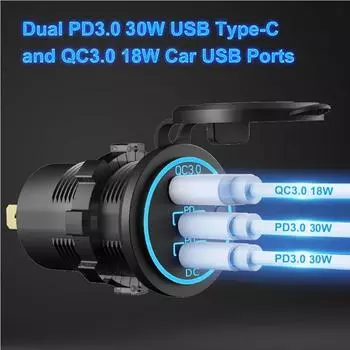 Автомобильное зарядное гнездо PD3.0 и QC3.0, два порта USB C, водонепроницаемое, со светодиодным сенсорным переключателем, 78 Вт, быстрая зарядка 12 В/24 В для мотоадаптера синий
