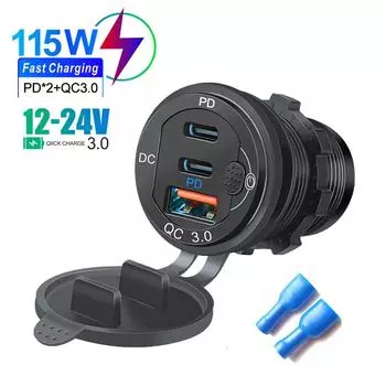 Автомобильное зарядное гнездо PD3.0 и QC3.0 USB Type-C порты водонепроницаемые со светодиодным сенсорным переключателем 115 Вт быстрая зарядка 12 В/24 В для мото адаптера чёрный