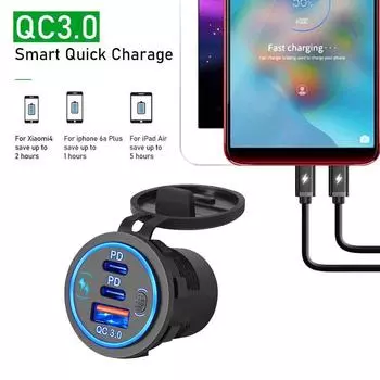 Автомобильное зарядное гнездо PD3.0 и QC3.0, два порта USB C, водонепроницаемое, со светодиодным сенсорным переключателем, 78 Вт, быстрая зарядка 12 В/24 В для мотоадаптера красный
