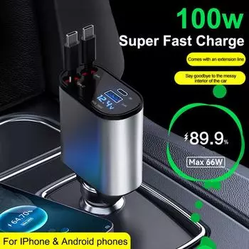 Автомобильное зарядное устройство 100 Вт PD+USB быстрое зарядное устройство с 2 выдвижными кабелями Type C быстрое автомобильное зарядное устройство вольтметр 4 в 1 питание для iPhone Huawei