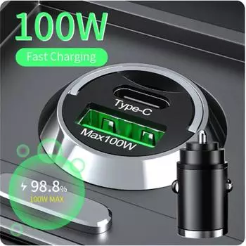 Автомобильное зарядное устройство 100 Вт, прикуриватель PD, быстрая зарядка для IPhone QC3.0, мини-USB Type C, мини-автомобильное зарядное устройство для телефона для Samsung, Huawei, xiaomi 1 PCS серебряный