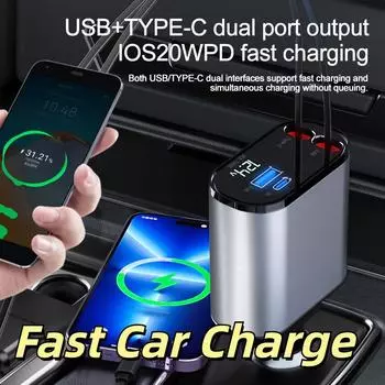 Автомобильное зарядное устройство 100 Вт USB Type C Супер быстрая зарядка Флэш-зарядка Выдвижной кабель Автомобильное зарядное устройство для телефона для Iphone Huawei Samsung с дисплеем напряжения