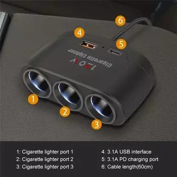 Автомобильное зарядное устройство 120 Вт, 12 В, 24 В, 3 гнезда, разветвитель прикуривателя, двойной USB PD, автомобильный адаптер питания, адаптер для быстрой зарядки телефона чёрный