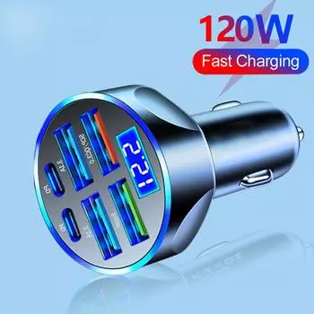 Автомобильное зарядное устройство 120 Вт с 6 портами Type C 4 USB 2 PD 3.1A QC3.0, адаптер для быстрой зарядки для iPhone, Huawei, Oneplus, Xiaomi, Oppo чёрный