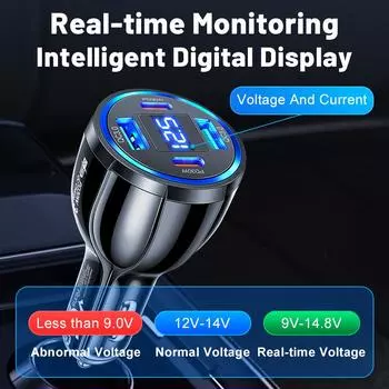 Автомобильное зарядное устройство 12/24 В с вольтметром, совместимое с iPhone, Android, Samsung, iPad Pro, Dual PD QC3.0, многопортовая быстрая зарядка чёрный