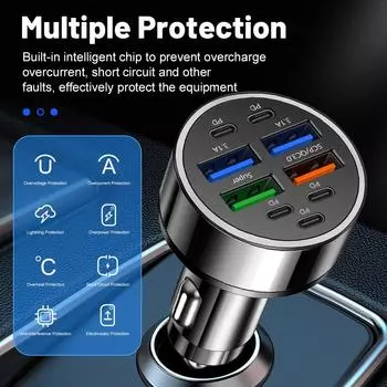 Автомобильное зарядное устройство 12/24 В с 5 портами USB Type C и 4 для iPhone, Android, Samsung, iPad Pro, Dual PD QC3.0, многопортовая быстрая зарядка