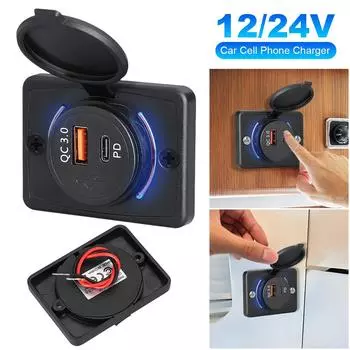 Автомобильное зарядное устройство 12-24 В, 18 Вт PD QC3.0, автомобильные USB-порты для зарядки со светодиодной подсветкой, гнездо для крепления на панель с плоской поверхностью для автомобиля, лодки, морской пехоты CHINA