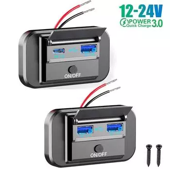 Автомобильное зарядное устройство 12/24 В QC3.0 PD, разъем для быстрой зарядки, два USB-порта с панелью розеток ВКЛ/ВЫКЛ, адаптер для аксессуаров для грузовиков, кемперов, караванов